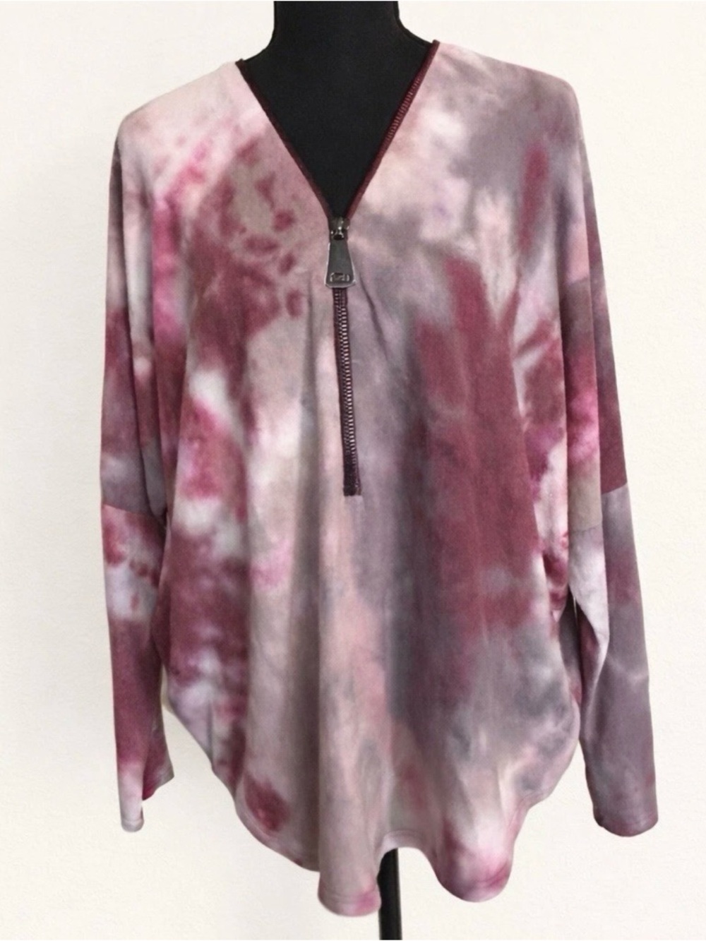 Ariella Tie Dye Zip Neck Long Sleeve Top Pink Gray Made USA Medium NWT